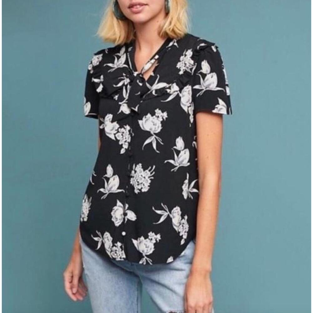 Anthopologie Maeve Black Floral Adagio Ruffle Collar Tie Top Small
